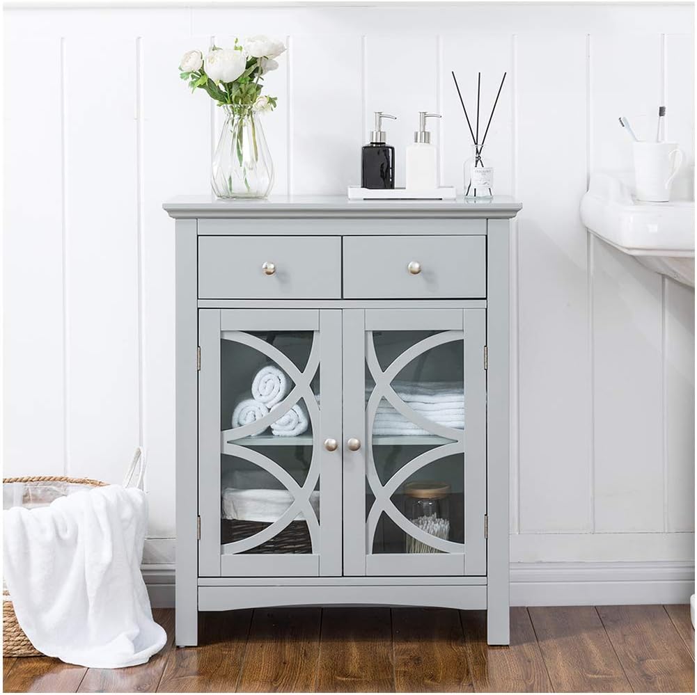 Grey Wooden Storage Cabinet with Double Doors and Drawer K6984