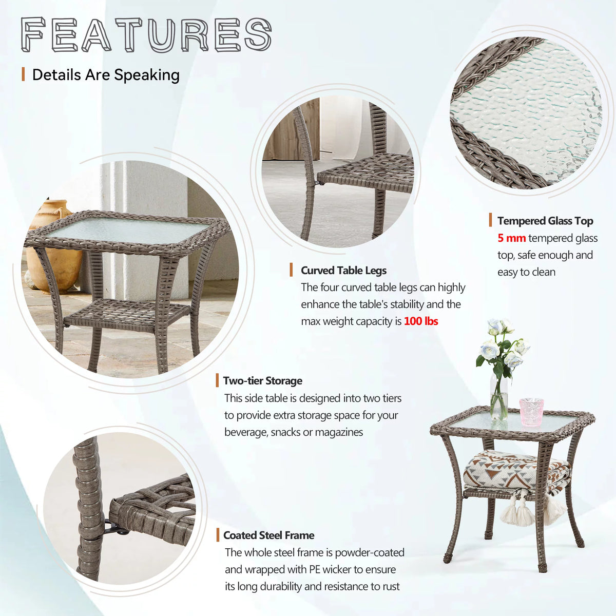 Rattan Wicker Coffee Table Glass Top Steel Frame R1216