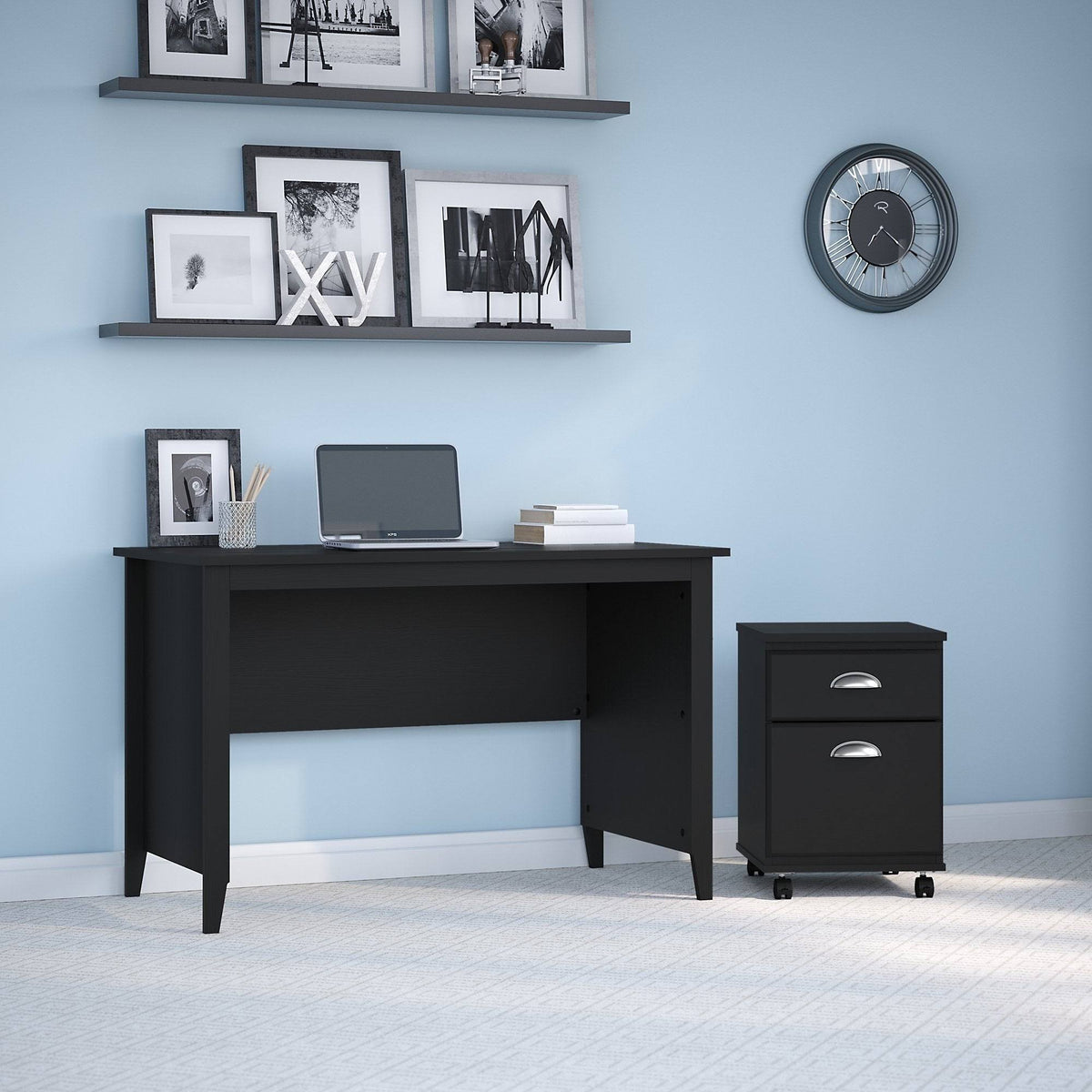 Black Suede Oak Writing Desk with 2 Drawer Mobile File Cabinet Y662