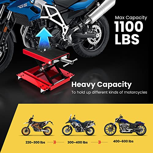 1100 Lbs Steel Wide Deck Motorcycle Lift Scissor Jack with Dolly and Hand Crank Black Y5679