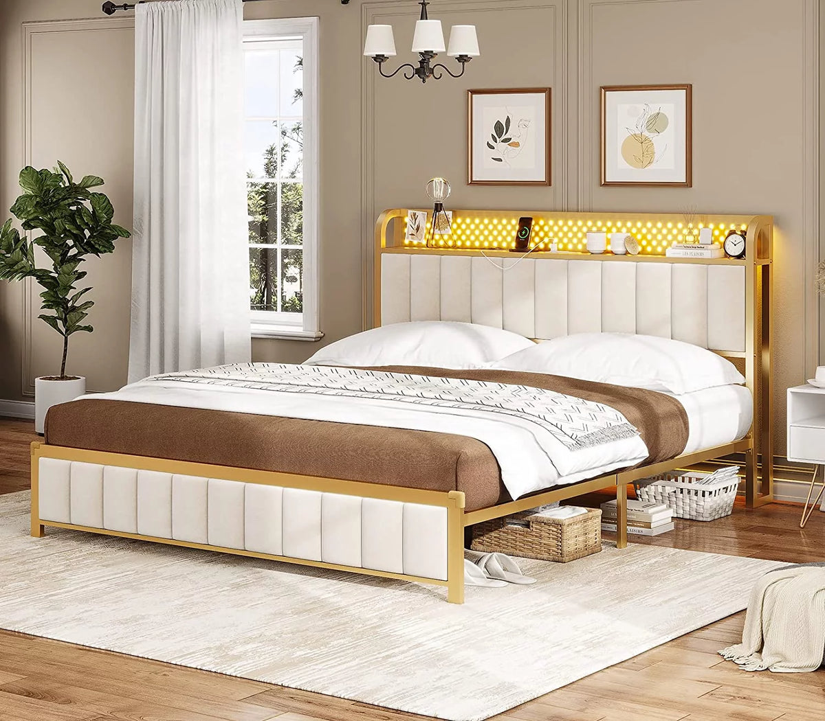 LED Queen Bed Frame with Storage Headboard and Drawers Q12358