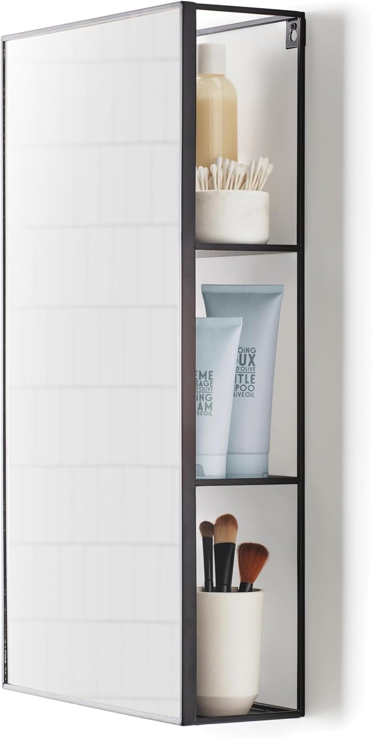 Black Metal Bathroom Mirror Storage Cabinet with 3 Shelves K63926