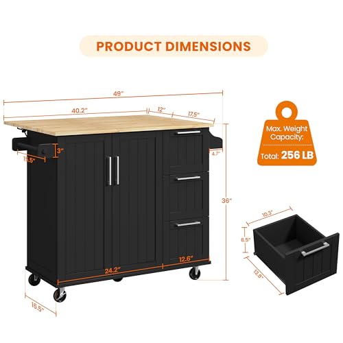 Black Kitchen Island Cart with Drop-Leaf Countertop, Rolling Storage Cabinet & 3 Drawers R988438