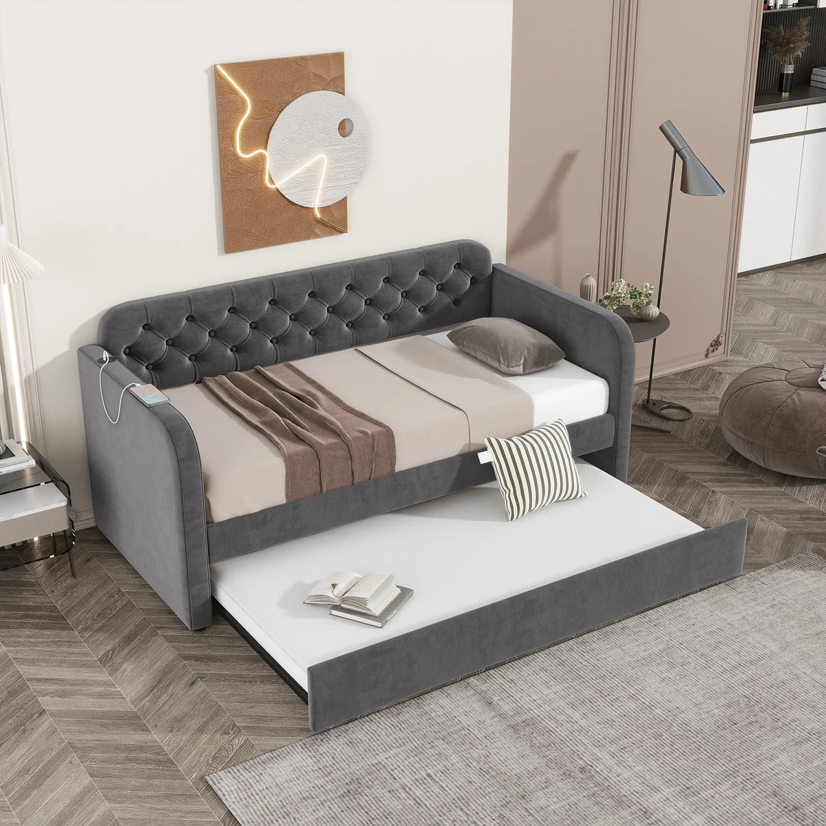 Twin Size Velvet Upholstered Daybed with Trundle F7394