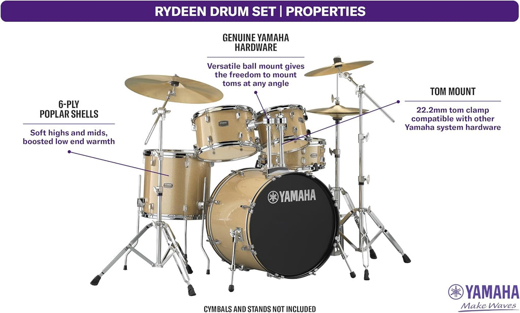 5-Piece Drum Set With 22" Bass Drum, Floor Tom, 2 Toms And Wood Snare Drum, Champagne Glitter Z1102