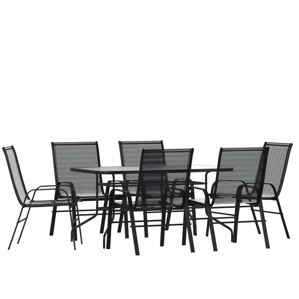 7-Piece Black Rippled Glass Patio Table Set with 6 Chairs M3924
