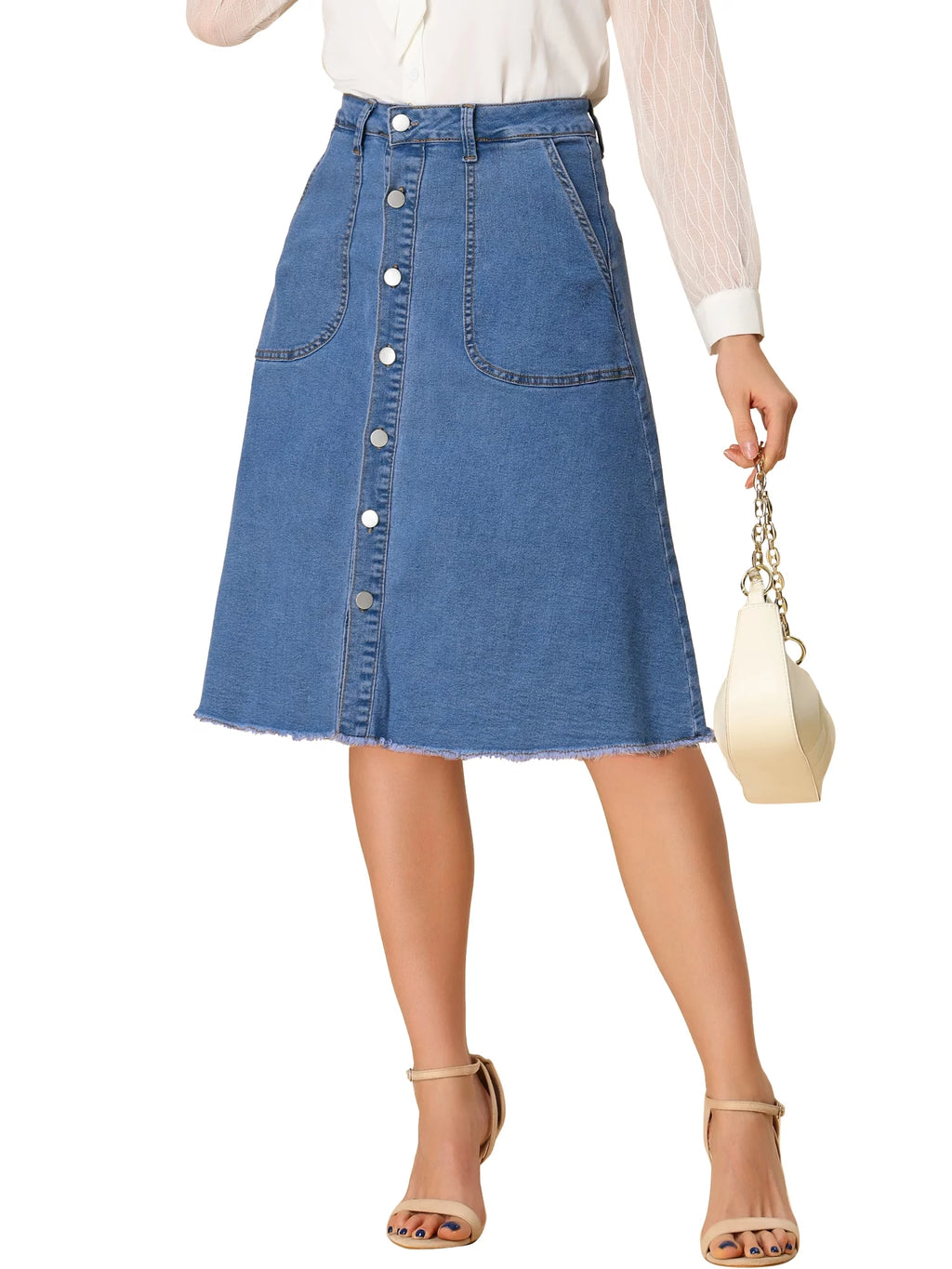 Denim Raw Hem Button Down A-Line Midi Skirt V353513