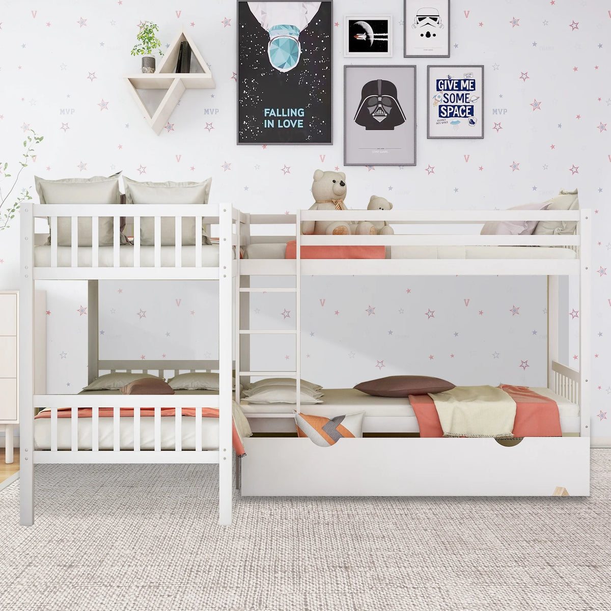 White Wood L-Shaped Bunk Bed with Storage Drawers C8862