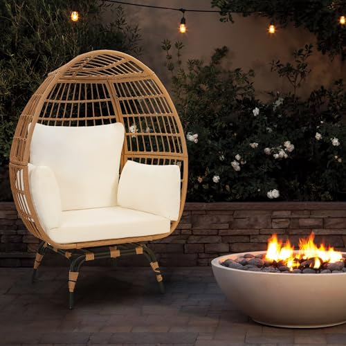 Oversized 360 Swivel Rattan Egg Chair with Beige Cushion A90180