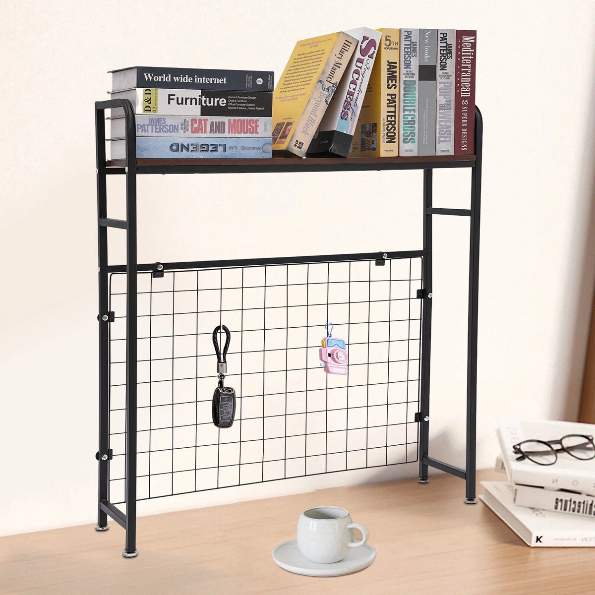 Black Bookshelf with Grid Desk Storage Shelf I5074