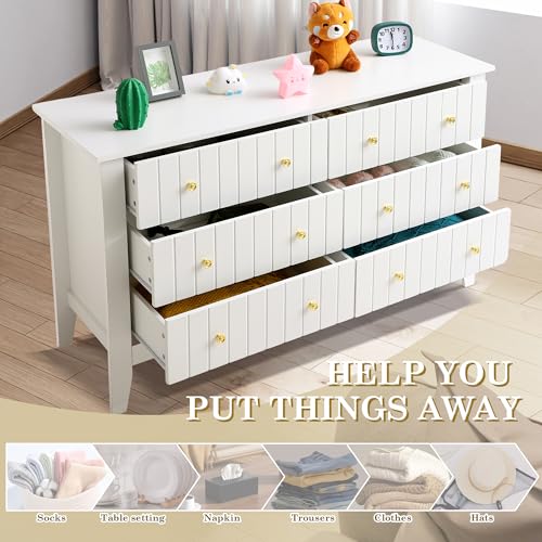 White 6 Drawer Wood Dresser with Metal Handle Q3865