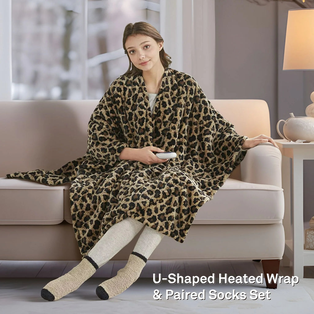 Sherpa Electric Throw Wrap with Sock Set Heated Wearable Blanket Reversible Animal Print 50"x64" P2498