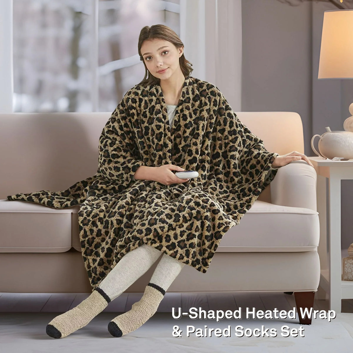 Sherpa Electric Throw Wrap with Sock Set Heated Wearable Blanket Reversible Animal Print 50"x64" P2498