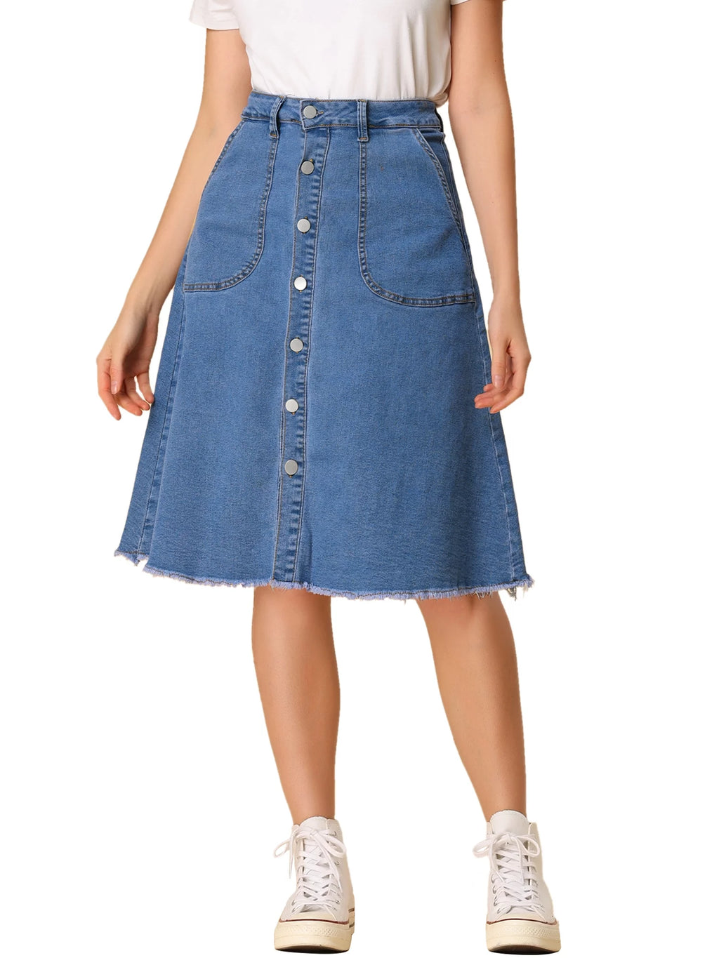 Denim Raw Hem Button Down A-Line Midi Skirt V353513