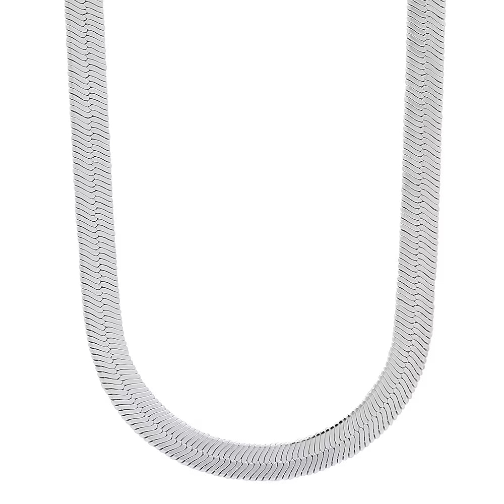 Rhodium Plated Flat Herringbone Chain Necklace, 24 inches D409