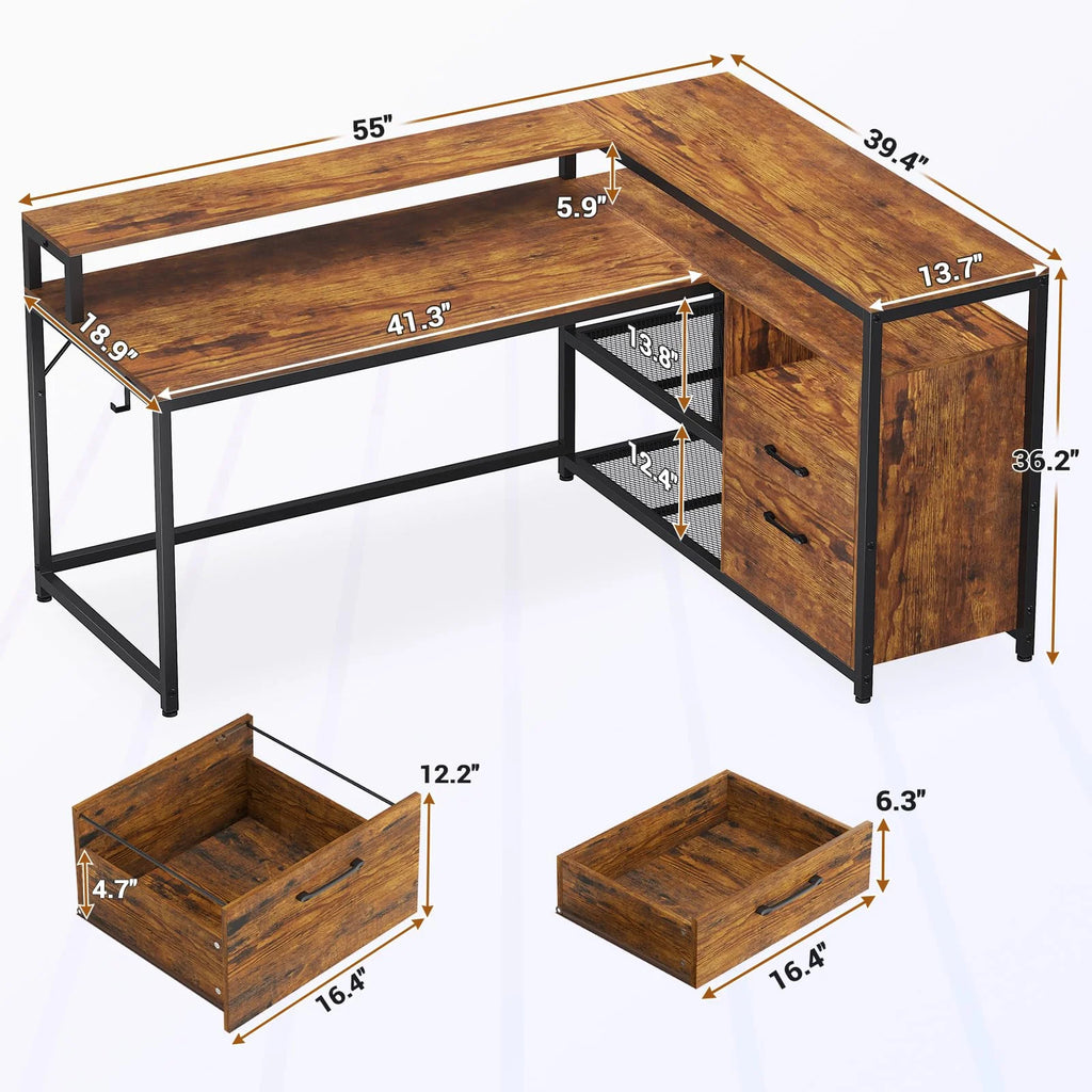 Brown L Shaped Computer Desk with LED Lights and 2 Drawers Z7368