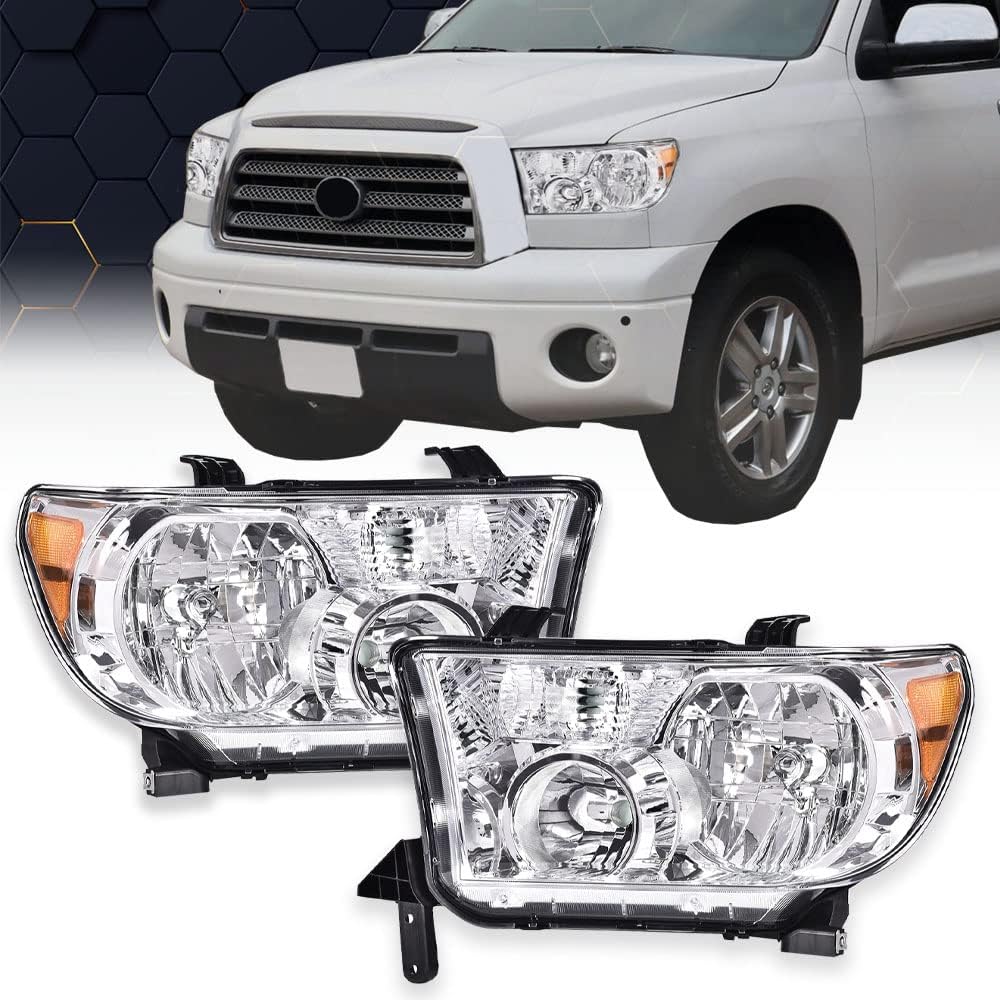 Headlights for 2007-2013 Toyota Tundra 2008-2017 Sequoia, Left+Right Clear Lens Chrome Housing Amber Reflector N55347