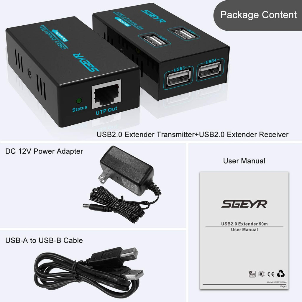 Metal USB Extender Over Cat5e/6, 50M, 4 USB 2.0 Ports, Pack of 2 L155348