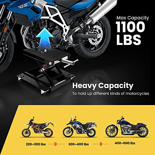 1100 Lbs Steel Wide Deck Motorcycle Lift Scissor Jack with Dolly and Hand Crank Black Y5679