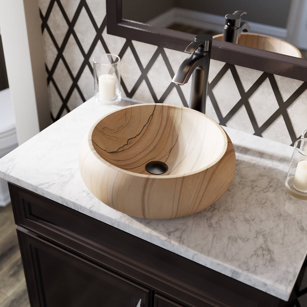 Sandstone Vessel Sink Ensemble with Antique Bronze Finish Faucet, Pop-Up Drain, and Sink Ring C40765