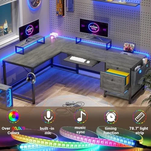 Rustic Brown L Shaped Desk with LED Lights and File Drawers P54747