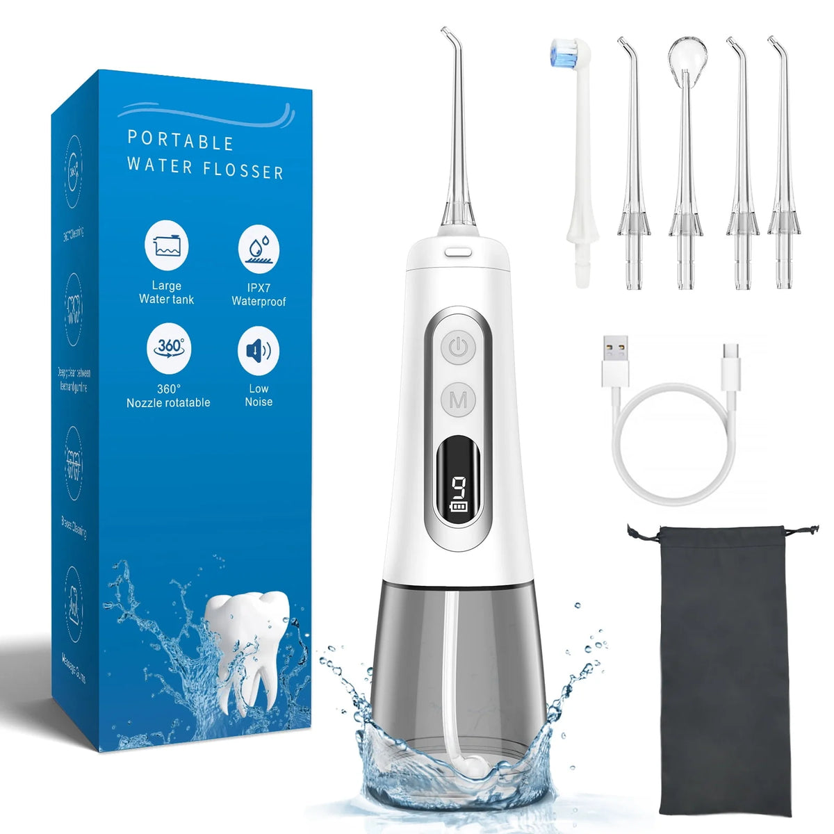 Cordless Water Flosser 300ML 9 Modes 5 Jet Tips IPX7 Waterproof W610