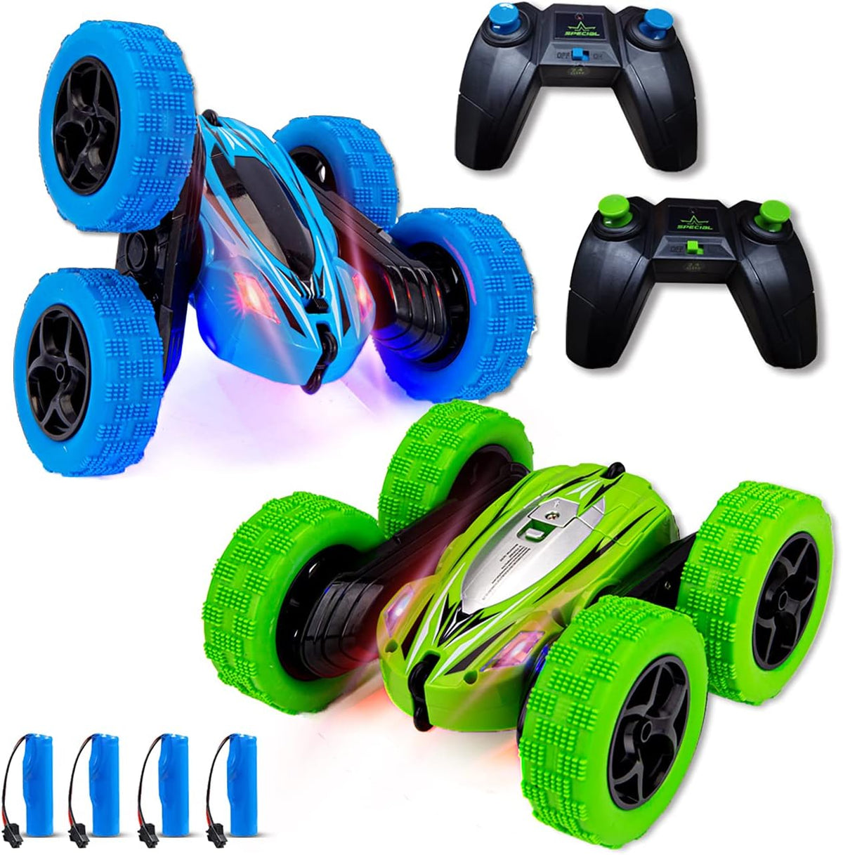 2 Pack 4WD 2.4Ghz Remote Control Stunt Cars, Blue+Green R8729
