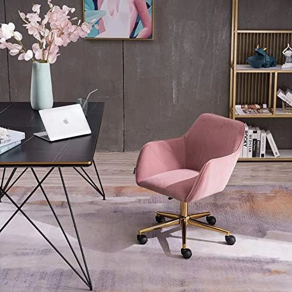Pink Velvet Fabric Office Chair with Gold Metal Legs U3938