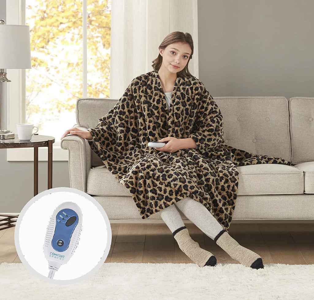 Sherpa Electric Throw Wrap with Sock Set Heated Wearable Blanket Reversible Animal Print 50"x64" P2498