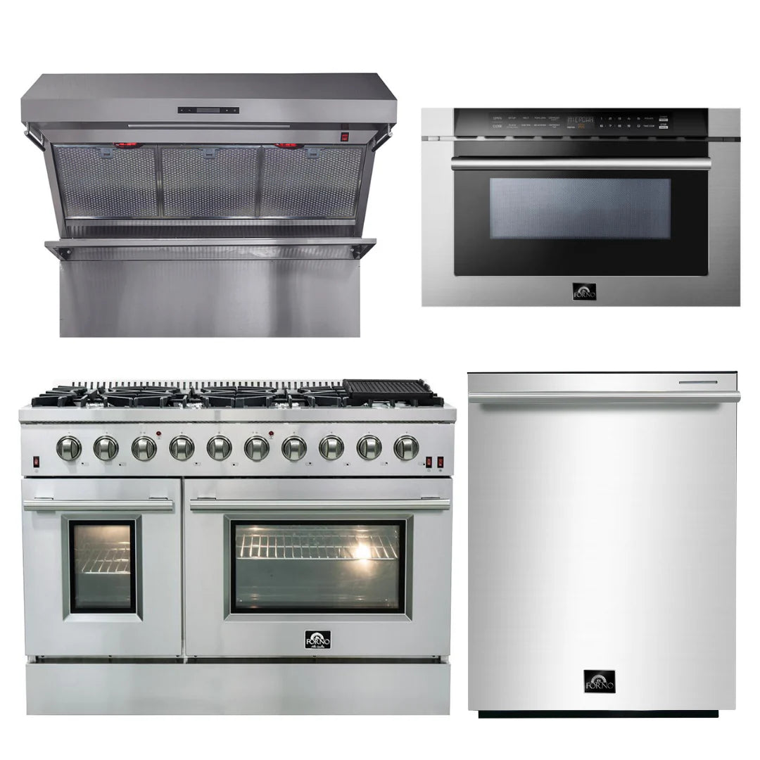 48 Inch Gas Range, Wall Mount Range Hood, Microwave Drawer, Dishwasher A73728