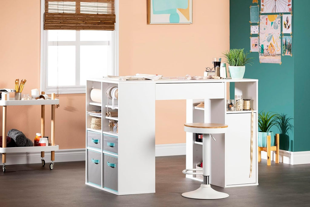 Pure White Counter-Height Craft Table with 4 Baskets L77188
