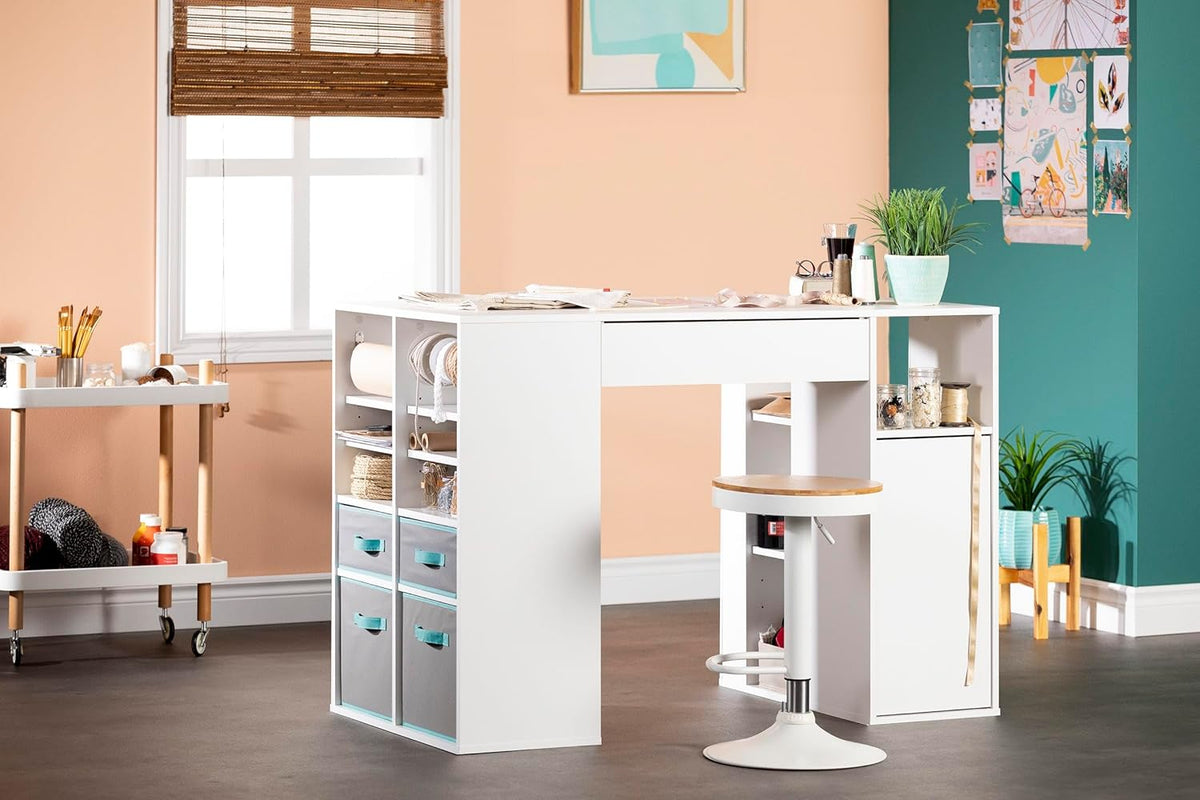 Pure White Counter-Height Craft Table with 4 Baskets L77188