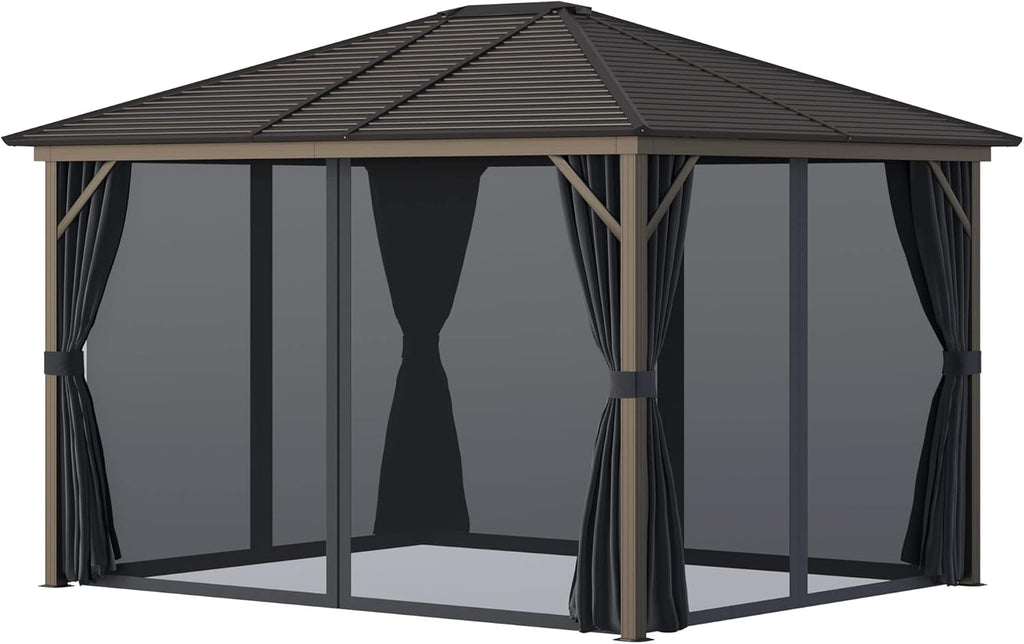 10x12 Hardtop Aluminum Gazebo with Curtains and Netting V2056