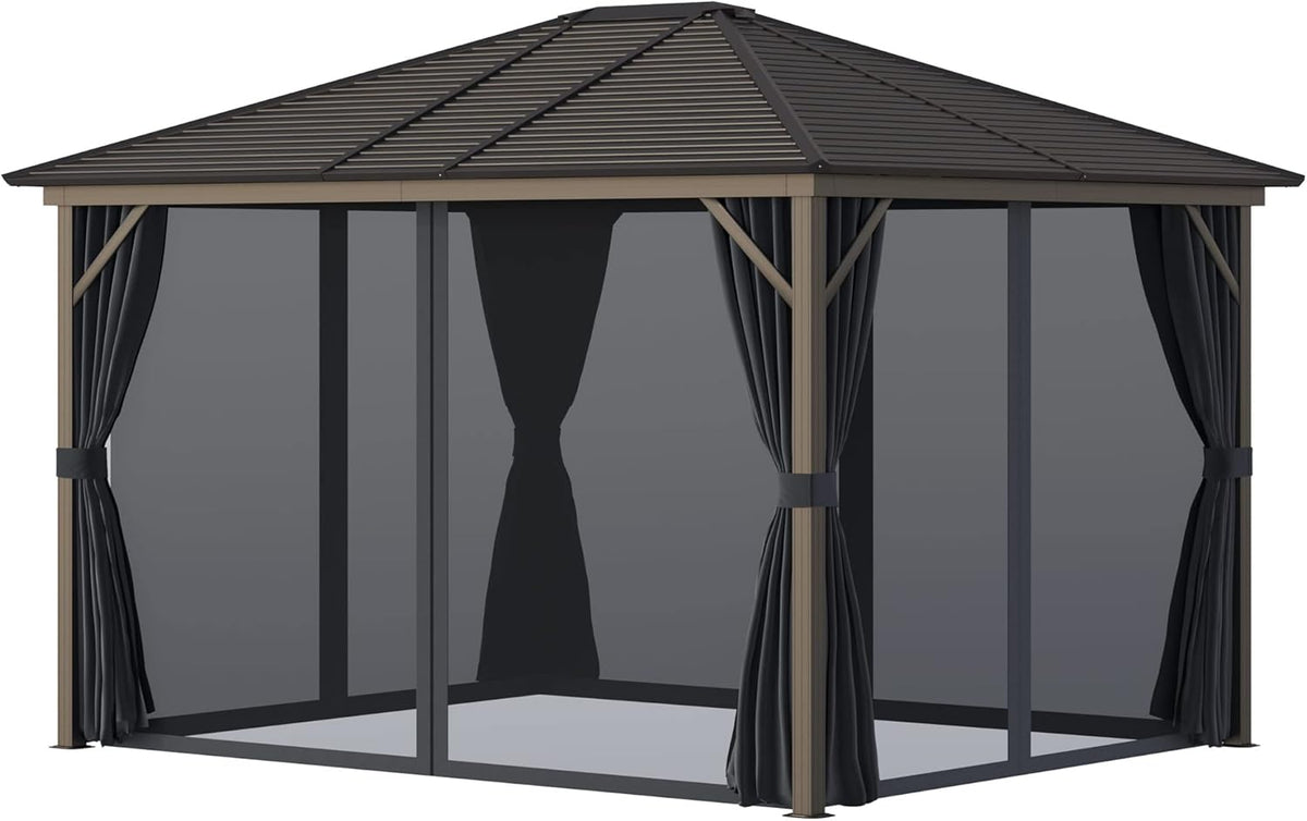 10x12 Hardtop Aluminum Gazebo with Curtains and Netting V2056