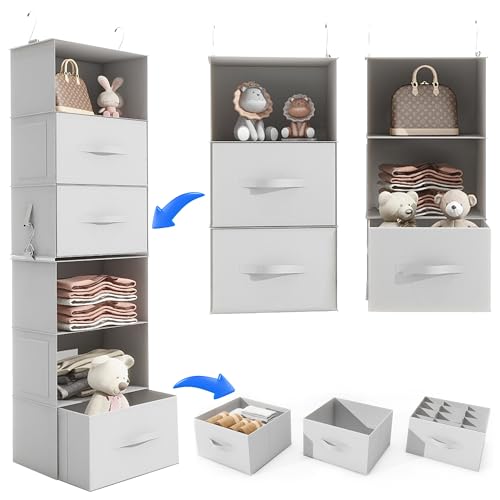 6-Shelf Hanging Closet Organizer with 3 Removable Drawers and 4 Side Pockets, Light Gray K81943