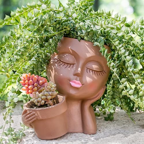 Khaki Lady Face Planter Pot with Drainage Hole U9462