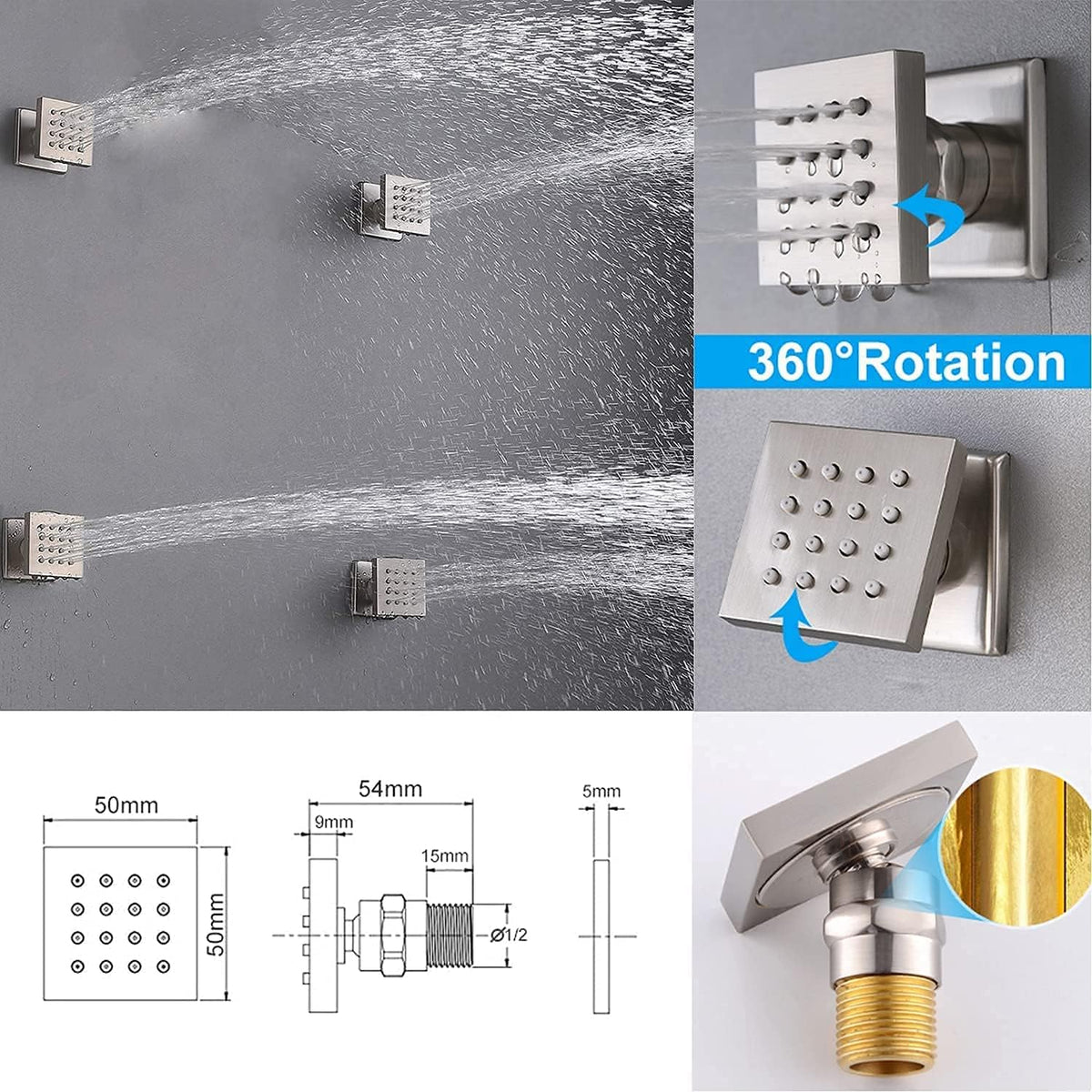 16 Inch Square Rainfall Shower System Set with 4 Body Spray Jets and Handshower U19686
