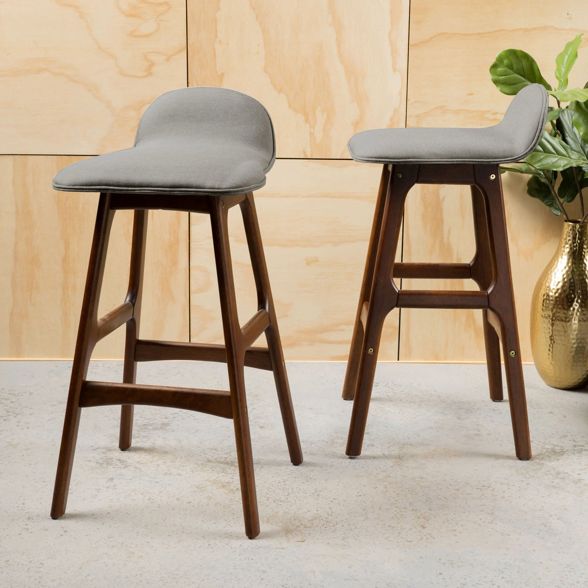 Light Gray and Natural Walnut Upholstered Barstools Set of 2 V7304