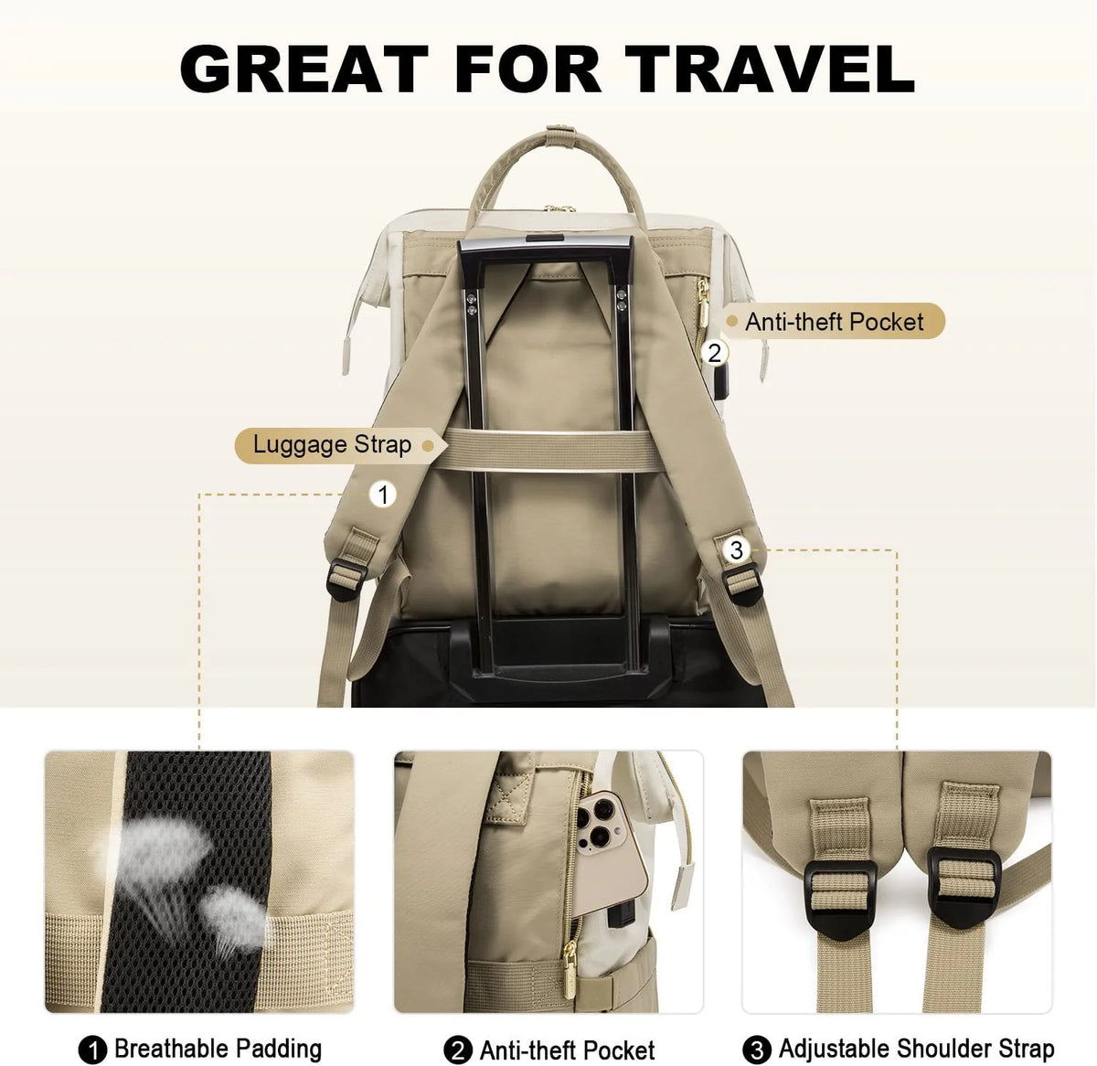 Beige-Khaki Waterproof Laptop Backpack C500