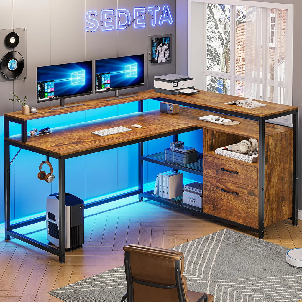 Brown L Shaped Computer Desk with LED Lights and 2 Drawers Z7368