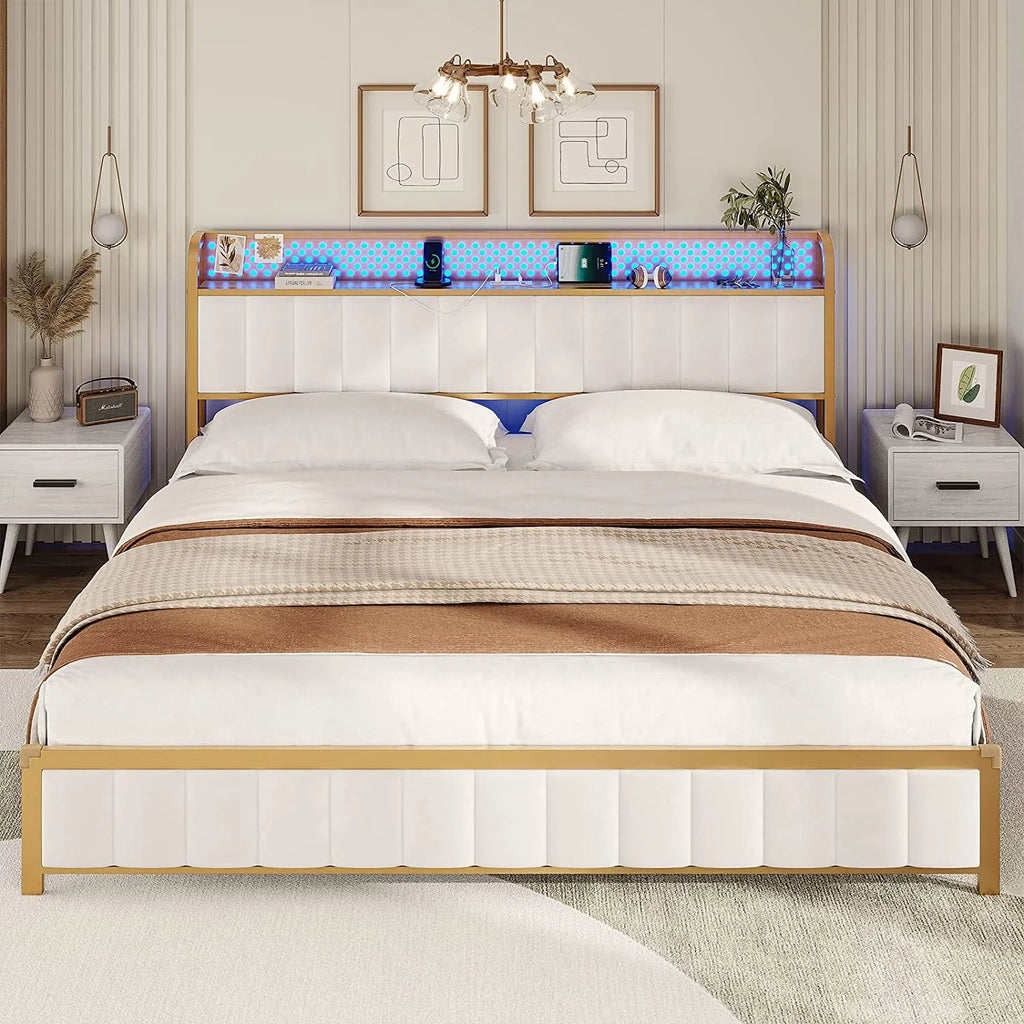 LED Queen Bed Frame with Storage Headboard and Drawers Q12358