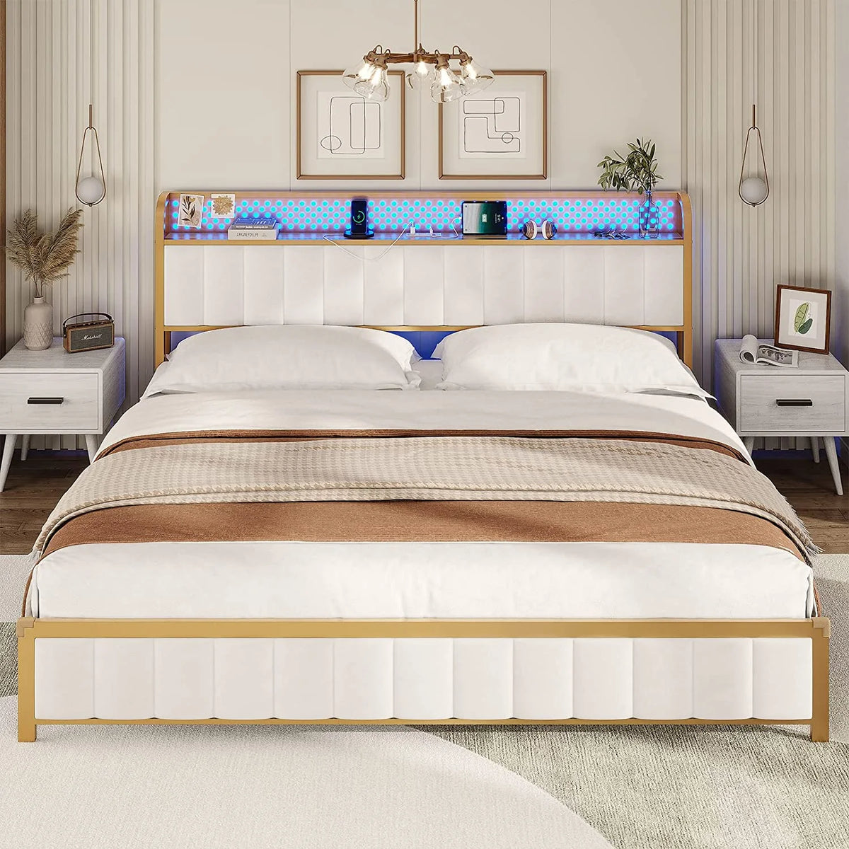 LED Queen Bed Frame with Storage Headboard and Drawers Q12358
