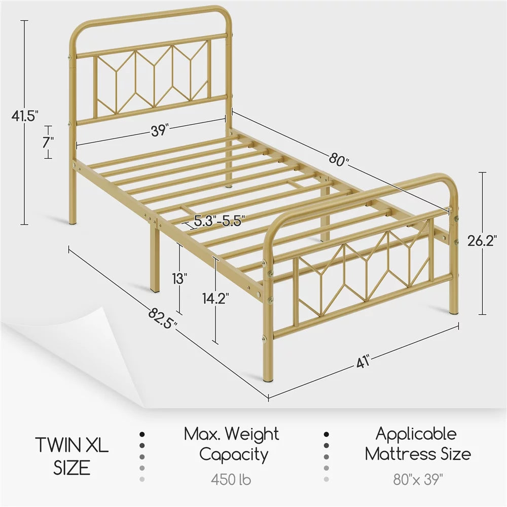 Twin XL Antique Gold Metal Platform Bed X710