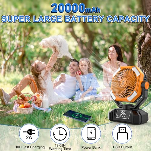 20000mAh Rechargeable Battery Powered Camping Fan with LED Lantern E124