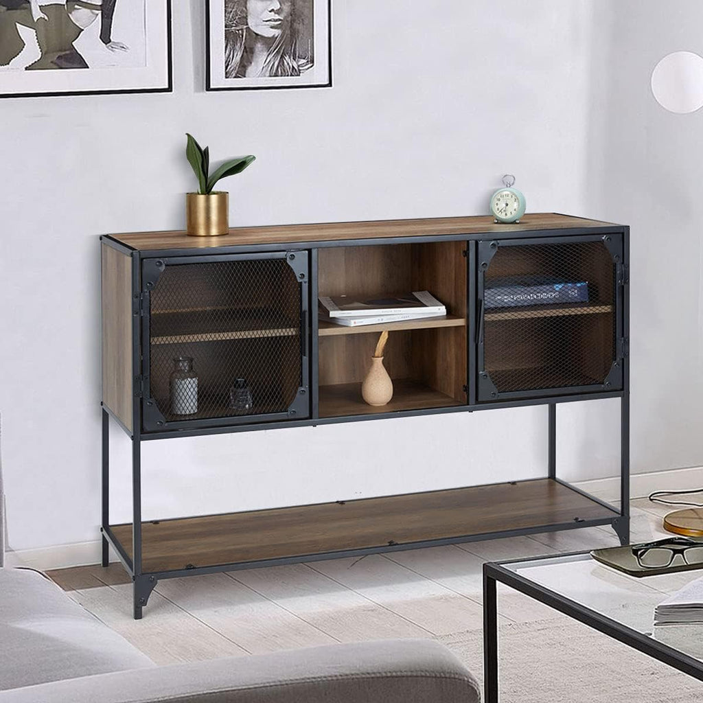 Rustic Brown Kitchen Storage Cabinet with Metal Mesh Doors and Adjustable Shelves M676698