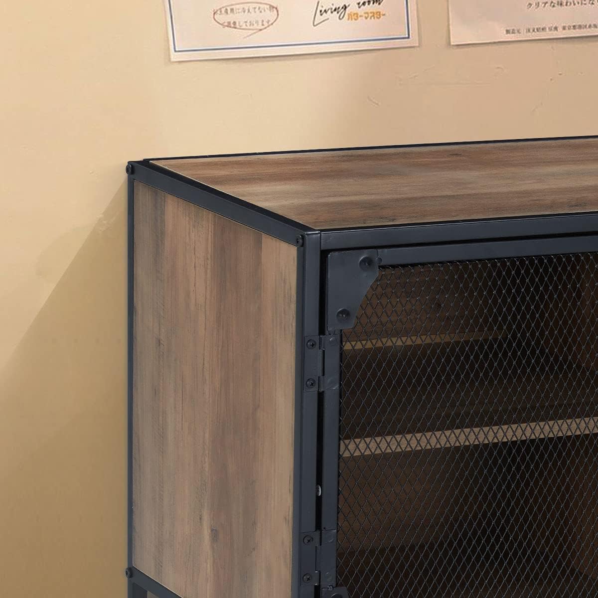 Rustic Brown Kitchen Storage Cabinet with Metal Mesh Doors and Adjustable Shelves M676698