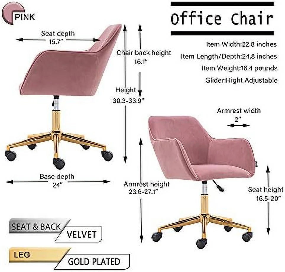 Pink Velvet Fabric Office Chair with Gold Metal Legs U3938
