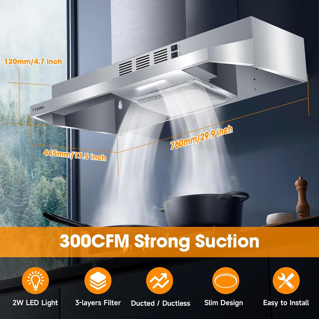 Stainless Steel Under Cabinet Ductless Range Hood, 300 CFM I137