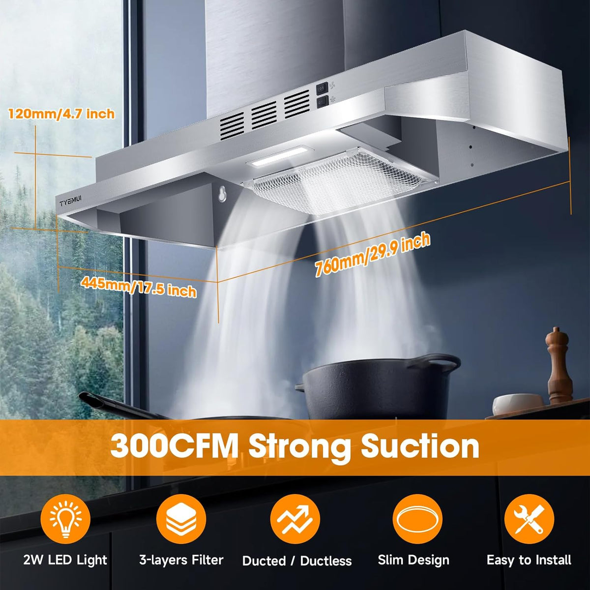 Stainless Steel Under Cabinet Ductless Range Hood, 300 CFM I137