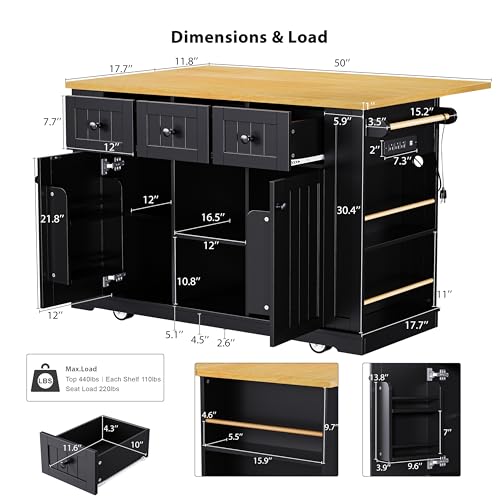53" Kitchen Cart Island on Wheels with Power Outlet L824